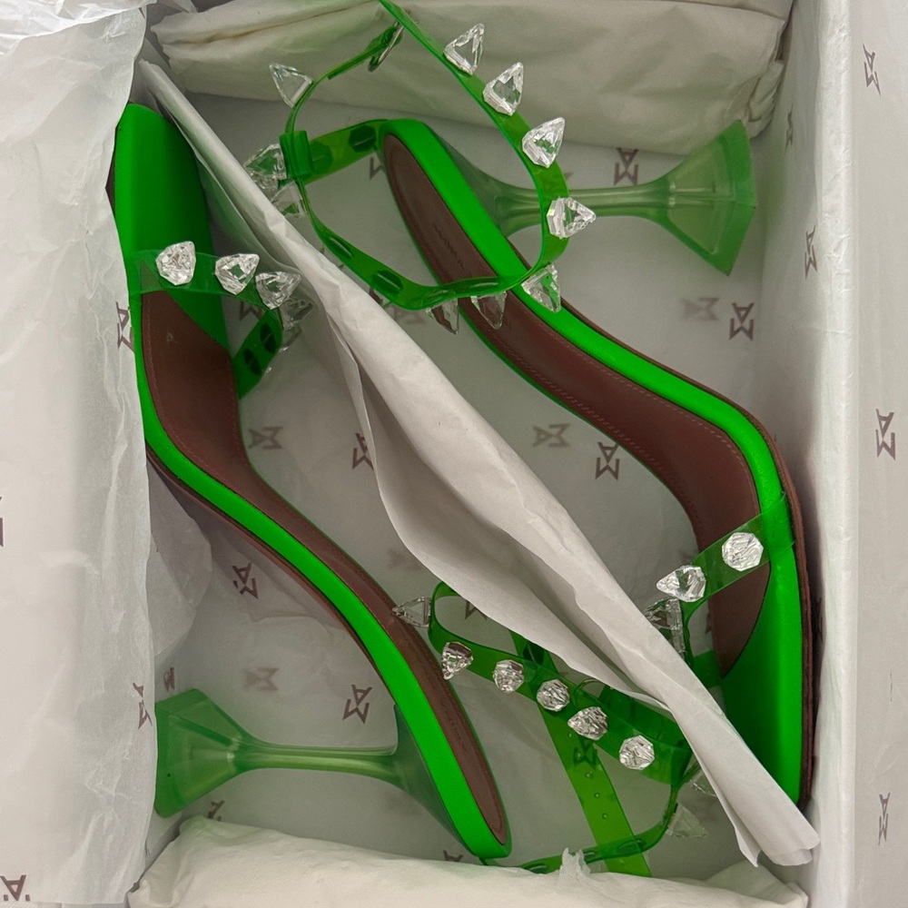 Amina Muaddi Neon Green Studded Heels
